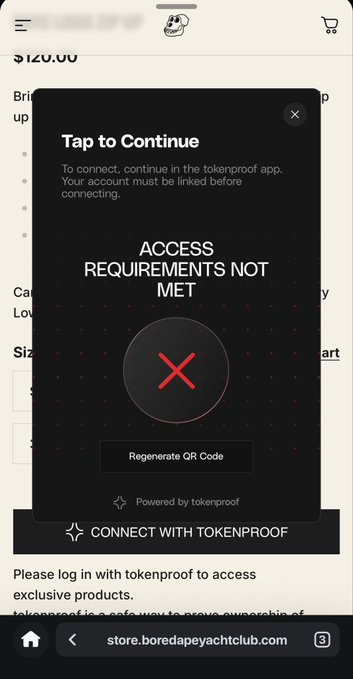 A mobile web interface for boredapeyachtclub.com showing a "Tap to Continue" popup with "ACCESS REQUIREMENTS NOT MET" and a red X icon for tokenproof verification.