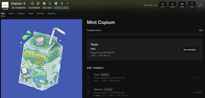 A screenshot of a cryptocurrency minting website showing a 'COPIUM JUICE' NFT carton graphic, with minting times remaining at 9 hours, 22 minutes, and 4 seconds.
