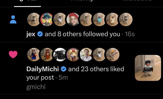 Instagram notification screen showing 'jex and 8 others followed you · 16s' and 'DailyMichi and 23 others liked your post · 5m'.