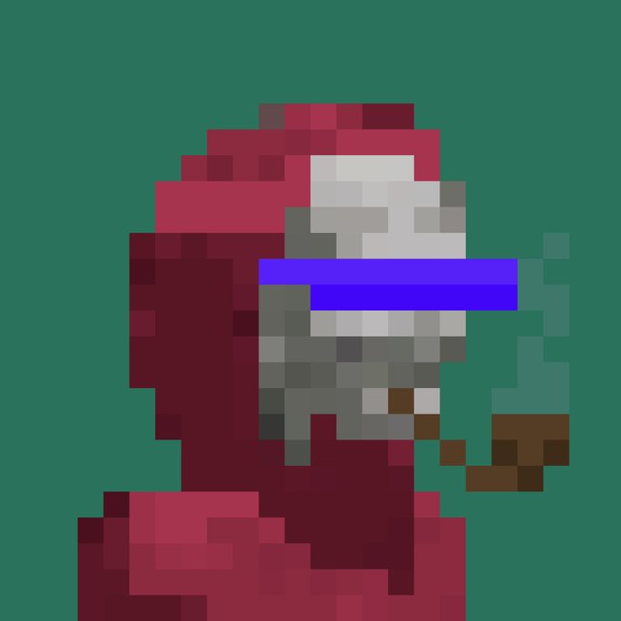 Pixel art depicting a grey-skinned character in a red hooded cloak smoking a pipe, with pixelated features.