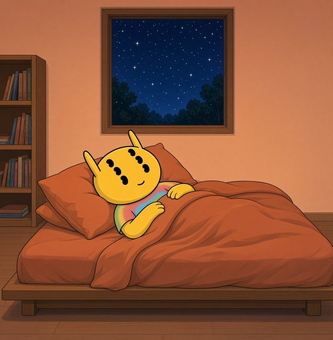 An illustration shows a yellow smiley-face character with dotted eyes sleeping under an orange blanket in bed, with a starry night visible through the window.