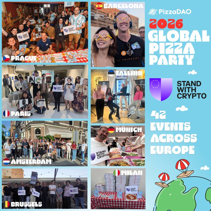 The image features a collage of photos from various global pizza parties, with people posing for pictures at these events across Europe. The collage includes images of people standing together with their arms around each other, as well as some individuals holding signs or banners related to Bitcoin and cryptocurrency. The text in the post encourages people to "Stand With Crypto" and highlights that this event is taking place on Pizza Party Day, which is a global celebration for pizza.