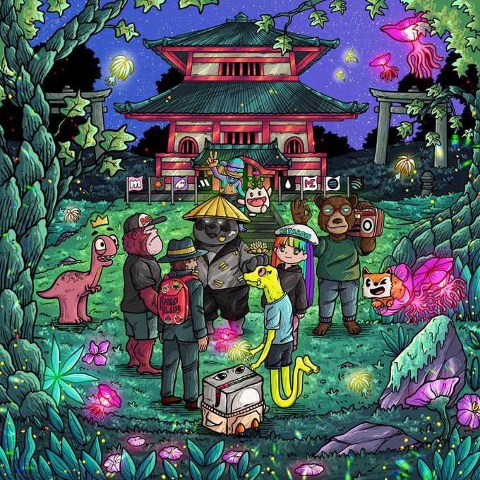 A colorful illustration depicts a diverse group of anthropomorphic animal and human characters—including a pink dinosaur, gorilla, panda, bear, and fox—gathered at a traditional Japanese temple adorned with Solana (SOL) logo banners, fittingly illustrating the Solana NFTs theme with a small basket displaying a SOL logo in the foreground.