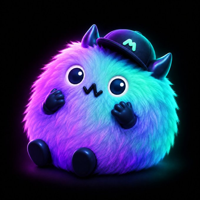 A 3D-rendered fluffy monster character with big eyes and small horns is illuminated in purple and cyan neon light against a black background.
