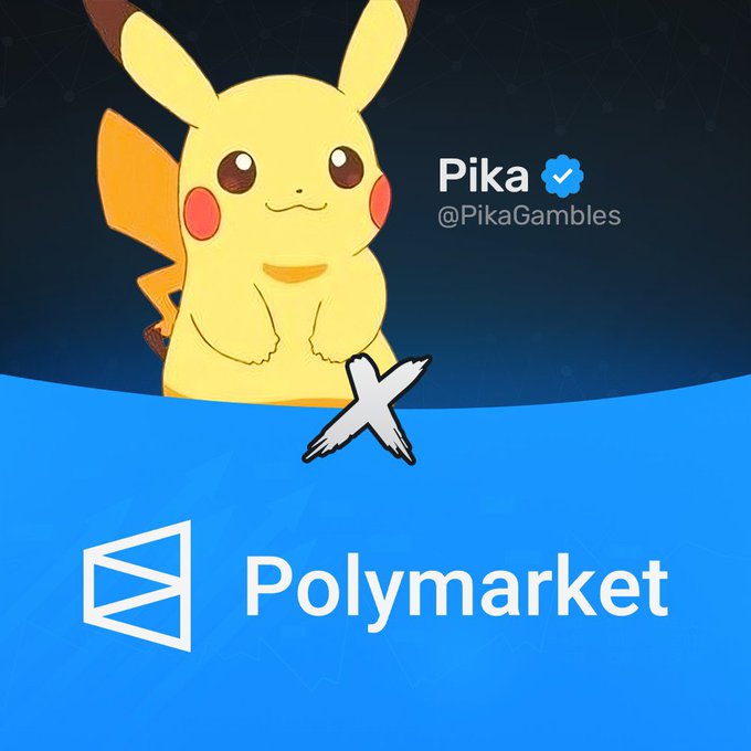 In this image, a cute yellow Pokemon character is shown standing above a blue water surface with white clouds. The background of the image features an overlay that reads "Announcing my Partnership with @Polymarket Use code Pikas" and gives instructions on what one should do to claim a $50 cash reward by entering their code. The text also mentions that players can participate in a giveaway or drop an ad for an additional $1,000 if they choose to do so.