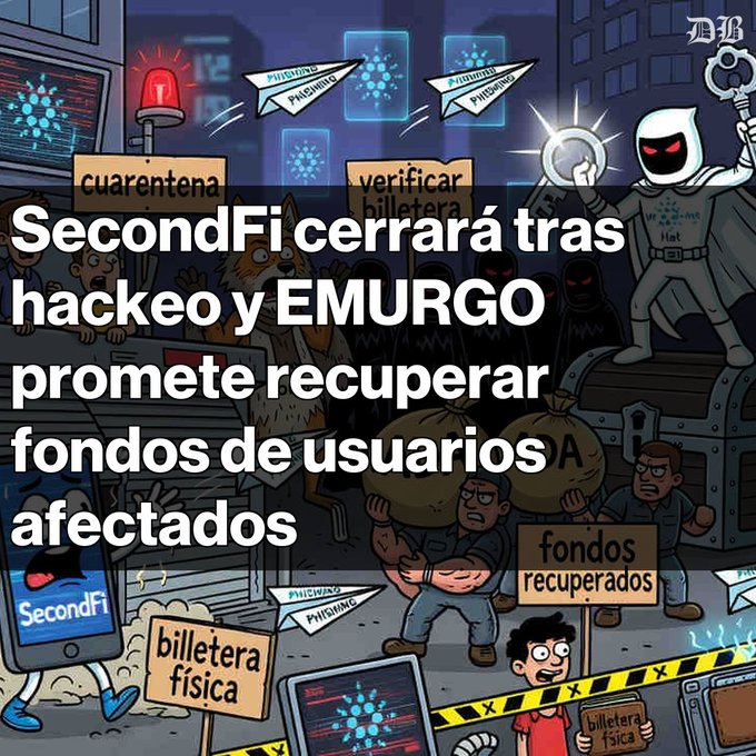 A digital illustration depicting a chaotic hack scene with hooded figures labeled "Hackers HAT" stealing money bags, alongside Spanish text labels like "cuarentena," "verificar billetera," "fondos recuperados," and "billetera física," visually representing the SecondFi hack covered in the post about EMURGO's platform closure and fund recovery efforts for the 16 million ADA affected.
