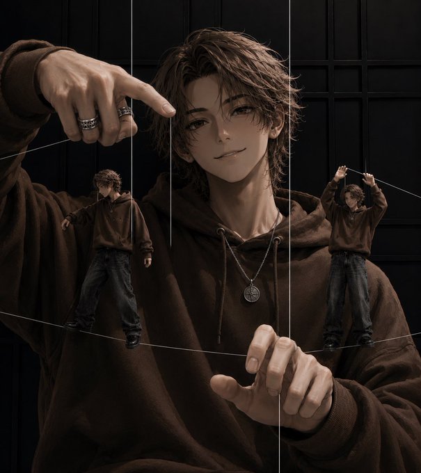 An anime-style illustration of a brown-haired person in a brown hoodie manipulating marionette strings attached to smaller puppet versions of themselves.