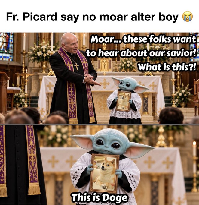 A two-panel meme showing a priest and Baby Yoda in a church; the priest asks what the figure holds, and Baby Yoda presents a framed image of a Shiba Inu dog labeled 'This is Doge,' with the caption 'Fr. Picard say no moar alter boy 😭'.