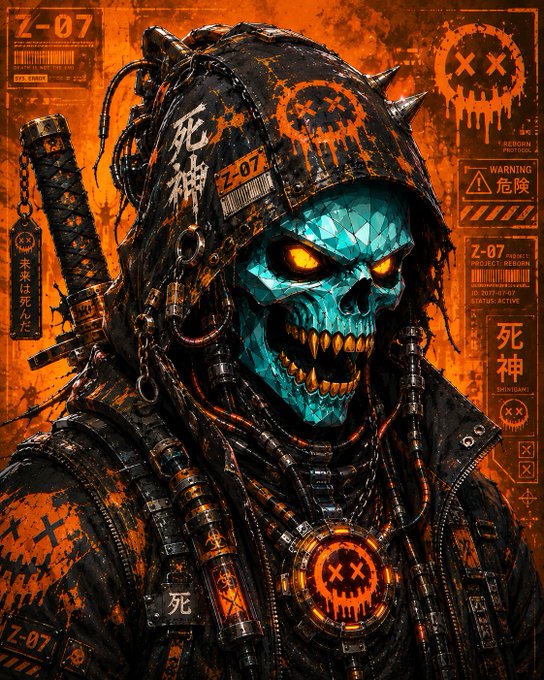 A menacing cyberpunk-style skeletal figure with glowing orange eyes and sharp teeth wears a spiked hood and dark leather gear, set against an orange background featuring 'Z-07', 'WARNING 危险', '死神' (death god), 'XX' symbols, and various apocalyptic-style text overlays.