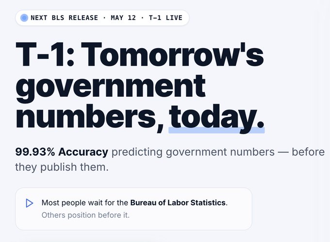 A minimalist promotional graphic with a blue background featuring bold text reading "T-1: Tomorrow's government numbers, today." and claims "99.93% Accuracy predicting government numbers — before they publish them," with a callout noting "Most people wait for the Bureau of Labor Statistics. Others position before it."

The image and post appear unrelated—the graphic promotes a service that claims to predict BLS economic data releases a day early, while the accompanying Vietnamese caption discusses the 2025 Ethereum/2008 Google analogy and a bet on chains optimizing for scale versus trust.