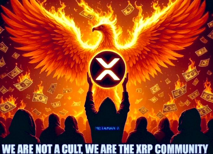 A fiery digital illustration of a phoenix with outstretched wings above a hooded figure holding up the XRP logo, surrounded by floating dollar bills, with text reading "WE ARE NOT A CULT, WE ARE THE XRP COMMUNITY."