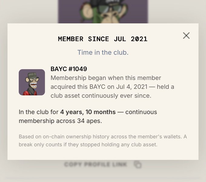 This image features a screenshot of an eNewsletter about a club with members named BAYC. The email contains information regarding the club's history across 34 apes since July 2021. The focus seems to be on the club's achievements, as suggested by a caption above the screenshot that reads "In the club for 4 years and 10 months - continuous membership across 34 apes".