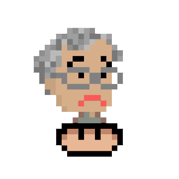 A pixel art avatar of an elderly person with gray hair, glasses, and a pinkish top against a white background.