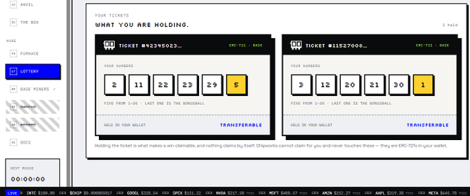 Two ERC-721 lottery tickets from ChipWorks are displayed, showing ticket numbers #42345023 and #11527008, each holding five numbers (2, 11, 22, 23, 29 + bonus 5; and 3, 12, 20, 21, 30 + bonus 1) for the $CHIP token at contract 0x75Af968d2e58749FDA1b42C58186B76f5E511bA3. The screenshot illustrates the platform's "holding" view, reinforcing the post's advice to stack $CHIP tokens ahead of the next round at 00:00:00.