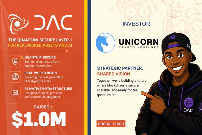 A promotional graphic for DAC blockchain ($1.0M raised) featuring a partnership with Unicorn Crypto Ventures, highlighting its quantum-secure features and showing a cartoon mascot.