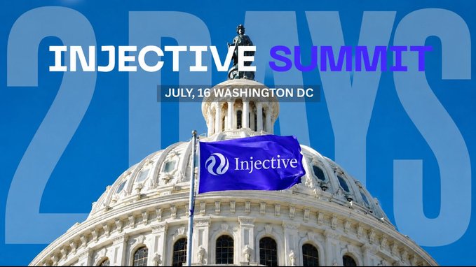 Promotional banner for the "INJECTIVE SUMMIT" on "JULY, 16 WASHINGTON DC," featuring the U.S. Capitol dome with a blue Injective flag, reinforcing the post's theme of a high-profile convergence of Web3, finance, government, and institutional leaders.