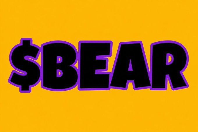 A bold graphic with the text '$BEAR' in black letters with a purple outline on a yellow background, indicating a cryptocurrency token name.