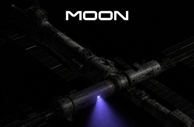 A dark image shows a space station against a black background with the word 'MOON' displayed in white text at the top.