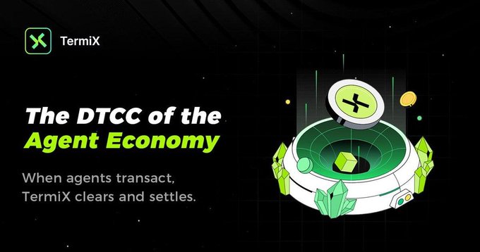 A promotional graphic for TermiX, featuring the text 'The DTCC of the Agent Economy' and 'When agents transact, TermiX clears and settles.' next to an illustration of a circular device.