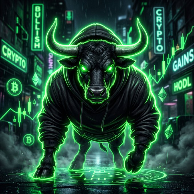 A neon-glowing bull wearing a hoodie stands on a Bitcoin symbol surrounded by crypto-themed signage reading "BULLISH," "CRYPTO," "GAINS," and "HODL," visually reinforcing the bullish, hoodie-wearing meme branding of the $BHOODIES airdrop campaign.