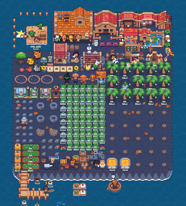 Screenshot of a pixel art farming/simulation game featuring a character base with crops, a shop area, palm trees, and various resources on a dark purple island surrounded by water.