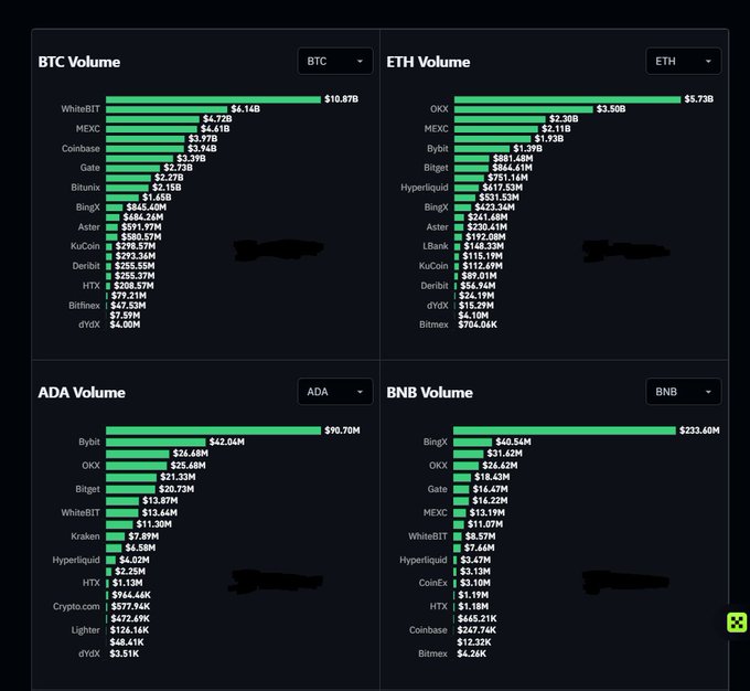 A dashboard displaying cryptocurrency trading volumes across four exchanges (BTC, ETH, ADA, BNB), with horizontal bar charts ranking platforms like WhiteBIT, OKX, MEXC, Coinbase, and Bybit by their respective volumes.