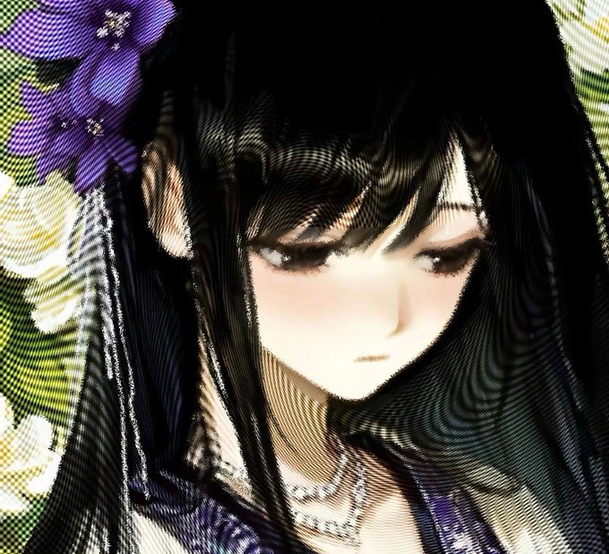 A heavily stylized digital portrait of an anime-style girl with long black hair and purple flowers, with crosshatch/halftone texture effects.