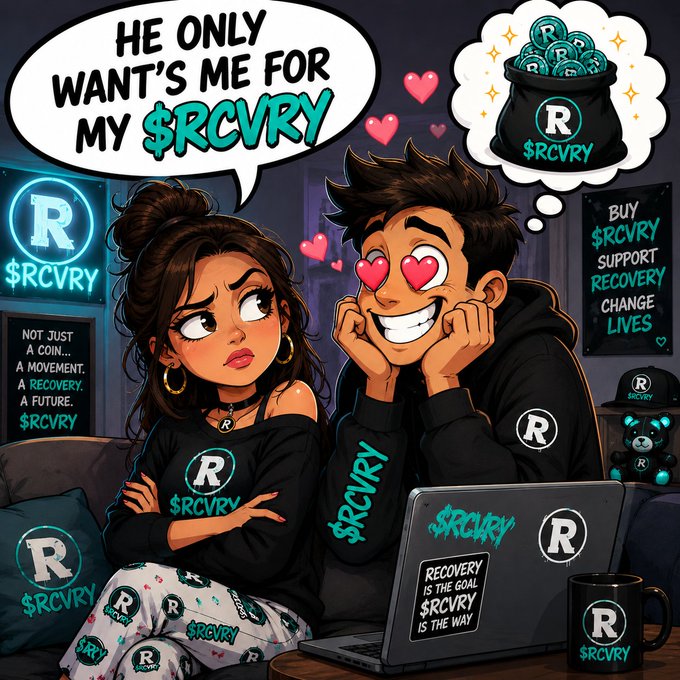 A cartoon illustration of a couple wearing '$RCVRY' merchandise, with the woman saying 'HE ONLY WANTS ME FOR MY $RCVRY' while the man dreams of a bag of $RCVRY coins.
