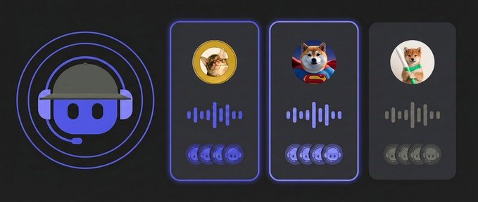 A digital interface displays a purple robot avatar logo alongside three audio message cards, each featuring a cat profile picture with a sound wave graphic and reward tokens underneath.