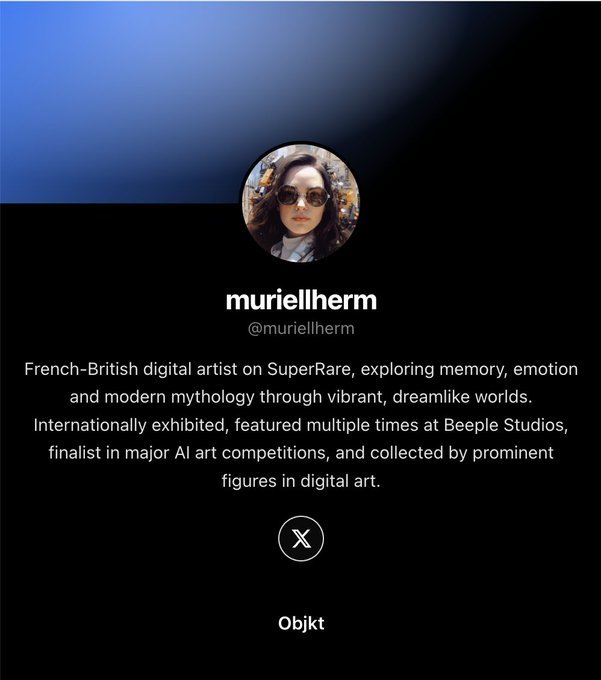 A profile card for digital artist 'muriellherm' (@muriellherm), described as a French-British artist on SuperRare who explores memory and emotion, with links to X and Objkt.
