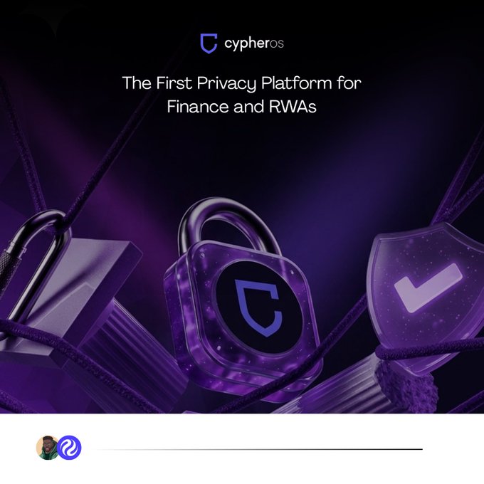 A promotional graphic for 'cypherOS' advertising 'The First Privacy Platform for Finance and RWAs,' featuring a purple padlock and shield icon against a dark background.