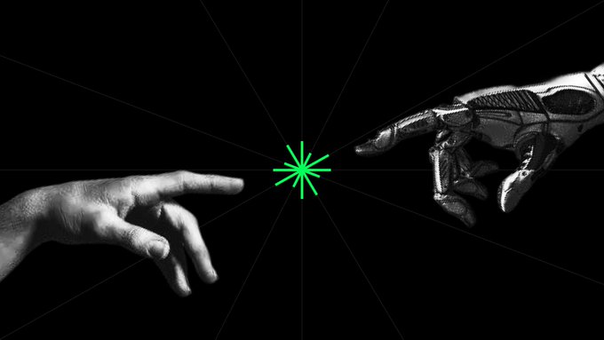 A human hand reaches toward a robotic hand against a black background, with a bright green starburst symbol positioned between their nearly touching index fingers, evoking a modern reimagining of Michelangelo's "Creation of Adam." The accompanying post discusses how Axis Robotics is developing systems to help robots learn through simulated experience—adapting to changing objects, shifting environments, and failed attempts—mirroring the image's visual metaphor of human intuition meeting artificial intelligence in a moment of connection.