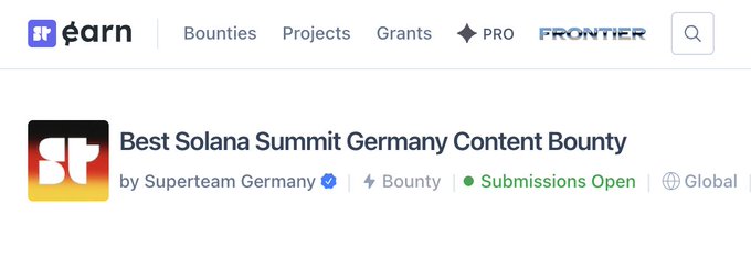 The image features a screenshot of an advertisement related to the Solana Summit Germany. The main focus of the ad is a call to action, encouraging people to "Attend the @Solana Summit Germany? Make a post and get the chance to win part of $5k!". The ad implies that there's a contest going on where attendees can share their experiences at the summit in exchange for the prize money. It also states that this is an open submission window, so anyone who is interested in participating should visit the website, share their experience, and enter the contest.