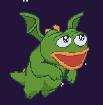 A pixel art illustration of a green dragon-like creature with large eyes on a dark background.