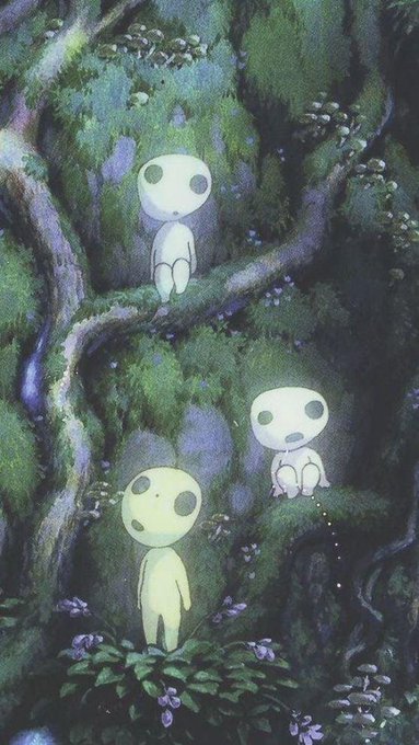 An illustration in the style of Studio Ghibli showing three small, ghost-like Kodama creatures sitting on tree branches in a lush, mossy forest setting.