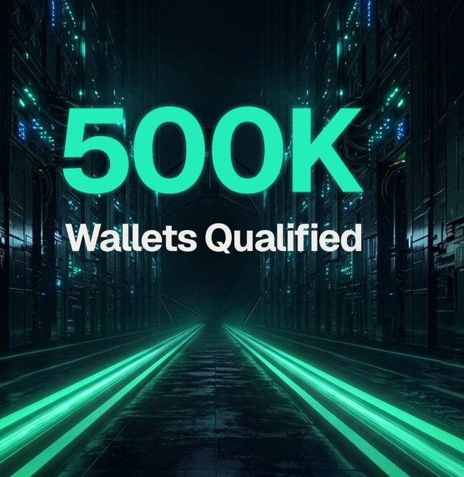 A futuristic digital graphic featuring a dark server room with glowing green data lines, displaying the text '500K Wallets Qualified' in large bright green and white lettering.