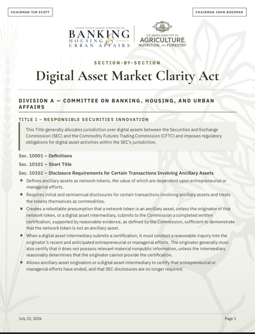 A July 22, 2026 document titled "Digital Asset Market Clarity Act" from the Senate Committee on Banking, Housing, and Urban Affairs (Chairmen Tim Scott and John Boozman), showing Division A's section-by-section breakdown, including Sec. 10001 definitions and Sec. 10102 disclosure requirements for ancillary assets. The image accompanies news of a new 17-page CLARITY Act draft released that day.