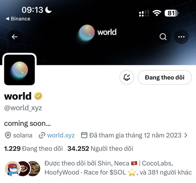 A screenshot of the verified Twitter/X profile for "world" (@world_xyz) displaying the handle "coming soon..", with 34,252 followers and 1,229 following, tagged under solana with website world.xyz. The accompanying post highlights community buzz around the mysterious upcoming project, noting prominent accounts like Shin, Neca, and CocoLabs already following it.