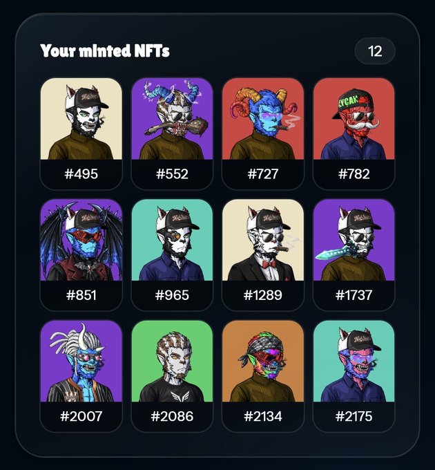 A user shows off their collection of 12 minted "Your minted NFTs" CroHounds characters on EbisusBay, displaying unique canine-like figures with IDs ranging from #495 to #2175, celebrating the successful launch with over 84% minted within 2 hours.