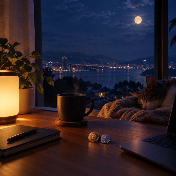 A cozy nighttime desk scene with a sleeping cat, steaming coffee mug, Bitcoin and Ethereum coins, plants, and a glowing lamp overlooking a city skyline and moonlit bay.