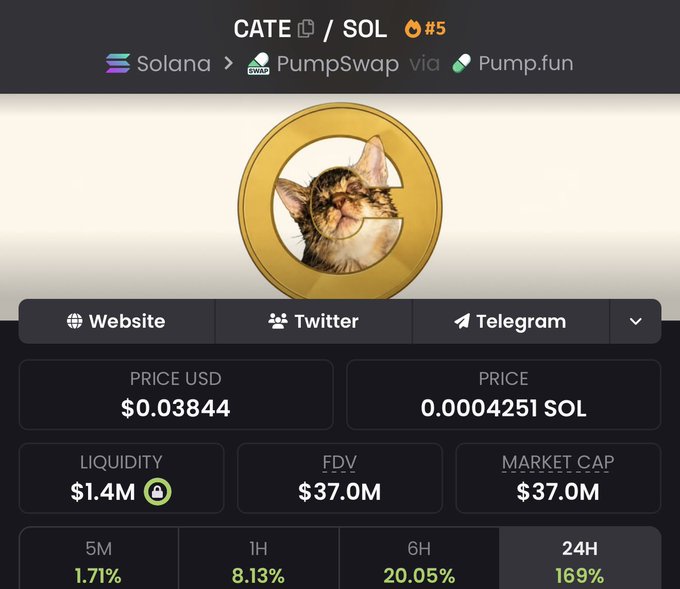 A screenshot of the $CATE/SOL token on PumpSwap showing a current price of $0.03844 (0.0004251 SOL), a market cap of $37.0M, liquidity of $1.4M, and a 24-hour gain of 169%, reflecting the post's claim of the meme coin doubling and demonstrating strong community-driven momentum.