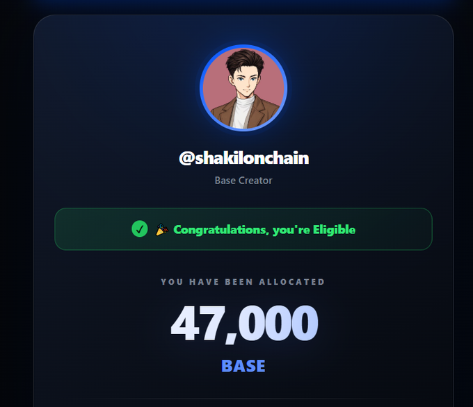 A digital allocation confirmation screen displays '@shakilonchain' as a 'Base Creator' with a message 'Congratulations, you're Eligible' and a token allocation of '47,000 BASE'.