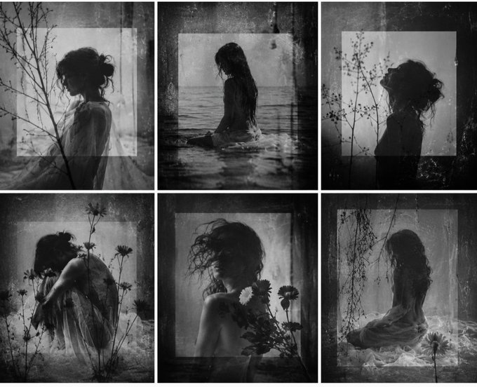 A grid of six black-and-white photographs featuring ethereal portraits of women with flowers and natural elements, presented with a textured, vintage overlay.