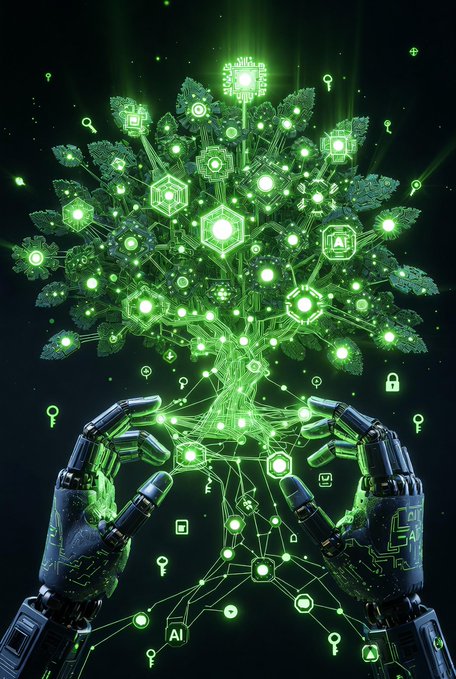 Digital artwork depicts glowing green robotic hands holding a tree of interconnected hexagonal nodes with AI symbols, keys, and locks against a dark background.