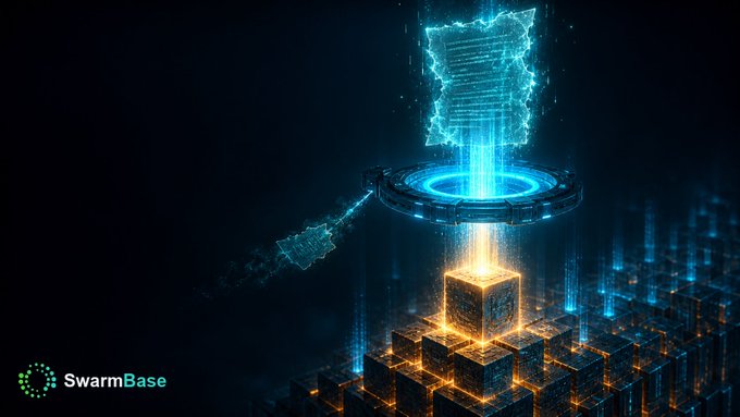A futuristic digital artwork by SwarmBase showing glowing blue and orange holographic cubes and data structures emerging from a circular platform against a dark background.