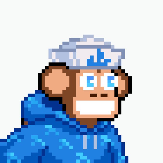 A pixel art image of a brown monkey character with blue eyes wearing a white and blue cap and a blue hoodie.