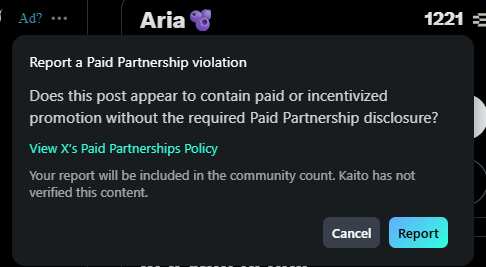 A screenshot of a 'Report a Paid Partnership violation' dialog box asking 'Does this post appear to contain paid or incentivized promotion without the required Paid Partnership disclosure?' on the X (Twitter) app.
