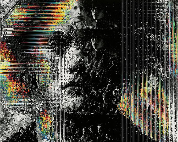 A black, white, and gray grunge-style digital collage artwork with glitch effects and colorful RGB distortion overlays, featuring overlapping portraits and crowd imagery in a layered, abstract composition.