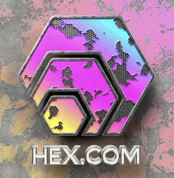 The image displays a hexagonal logo with an iridescent, multi-colored surface featuring a world map pattern, accompanied by the text "HEX.COM." It visually represents the HEX cryptocurrency brand discussed in the post, which highlights HEX's massive past gains, its relationship with PulseChain ($PLS), and the interconnected ecosystem of coins driving each other's value.