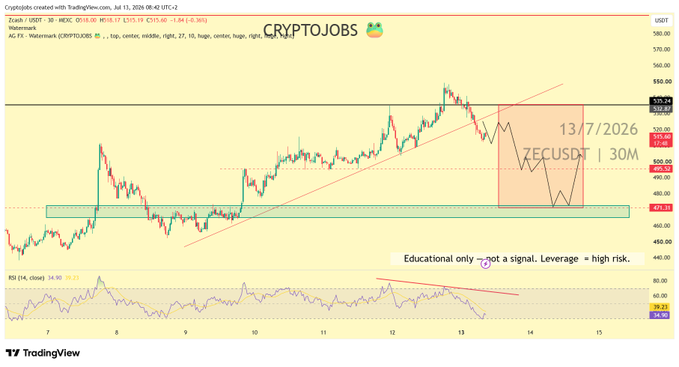A TradingView chart on CryptoJobs.com shows ZECUSDT on the 30M timeframe dated 13/7/2026, with a TradingView analyst noting a bearish double top below $550 and a key support zone at $465-$470, while the RSI (14) reads 24.86/26.90 indicating oversold conditions.